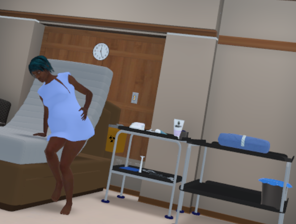 Mother getting onto the bed in ward