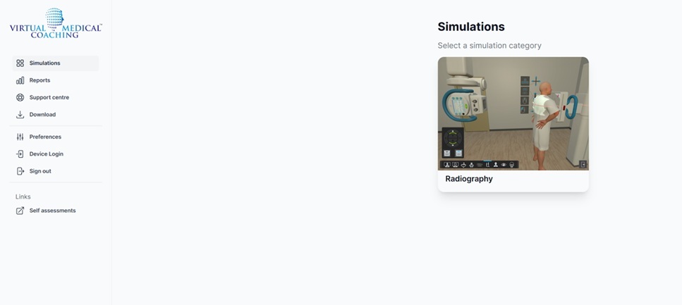 Simulation icons, with the radiography simulation to select