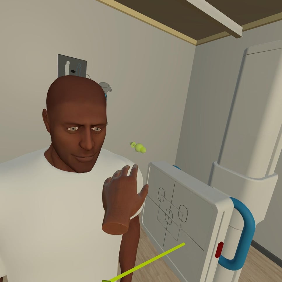 Green arrows on the patient's shoulder and a movement slider