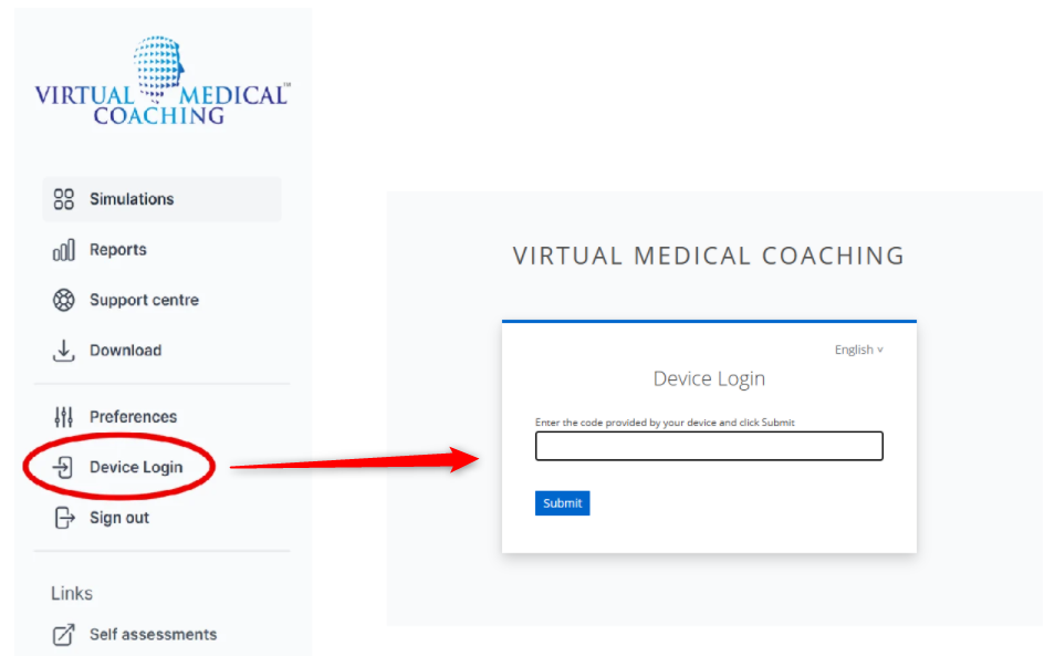 Device Login in the Web Portal, where you enter the headset code
