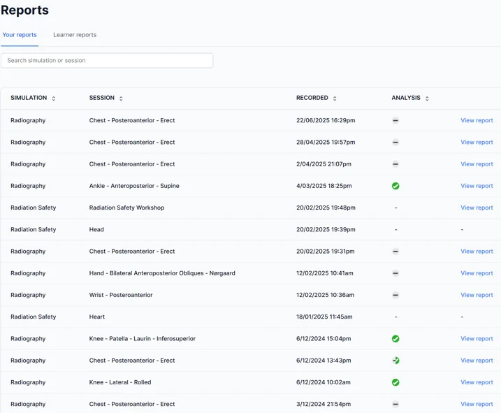 Reports list with green ticks, half ticks and grey dashes