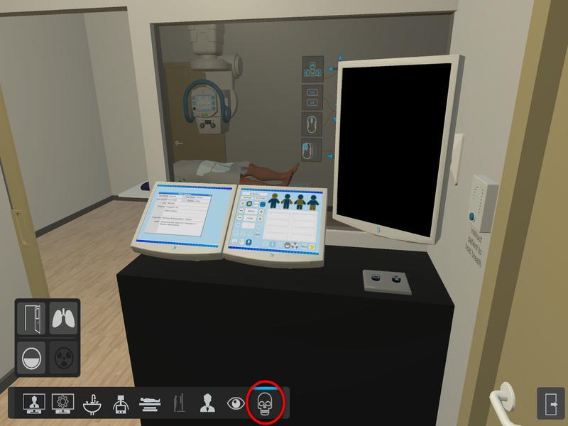 The control room with the patient information and control panel monitors
