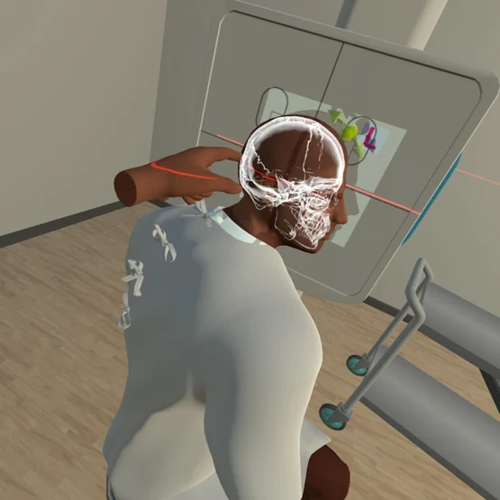 Skeletal anatomy highlighted under the patient's skin