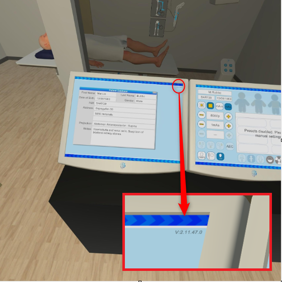 Software version number at the top right of the left-hand monitor