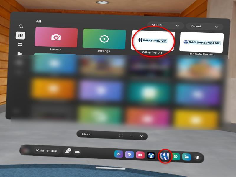 Meta Quest app library with X-ray Pro VR circled