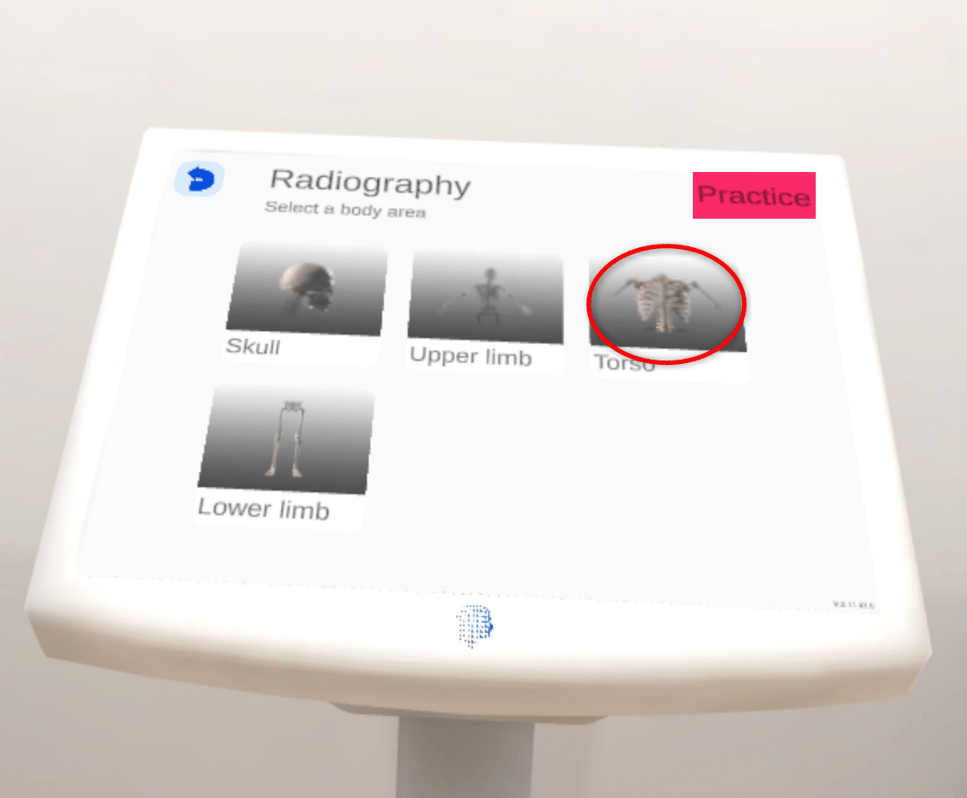 Select a body area screen with Skull, Upper limb, Torso and Lower limb
