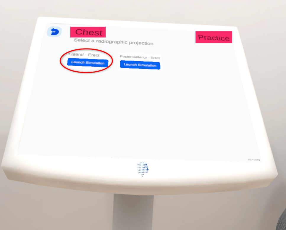 Select a radiographic projection screen for Chest with Launch Simulation buttons