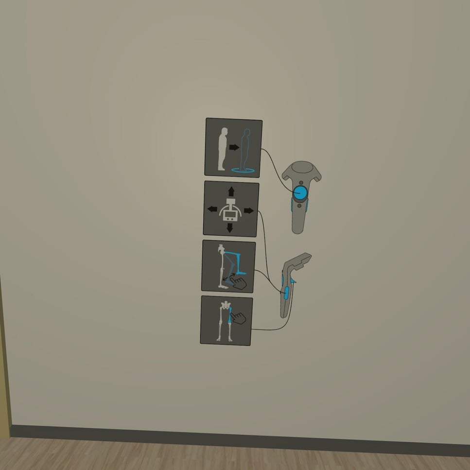 HTC Vive controller with the teleport, grip and trigger buttons labelled