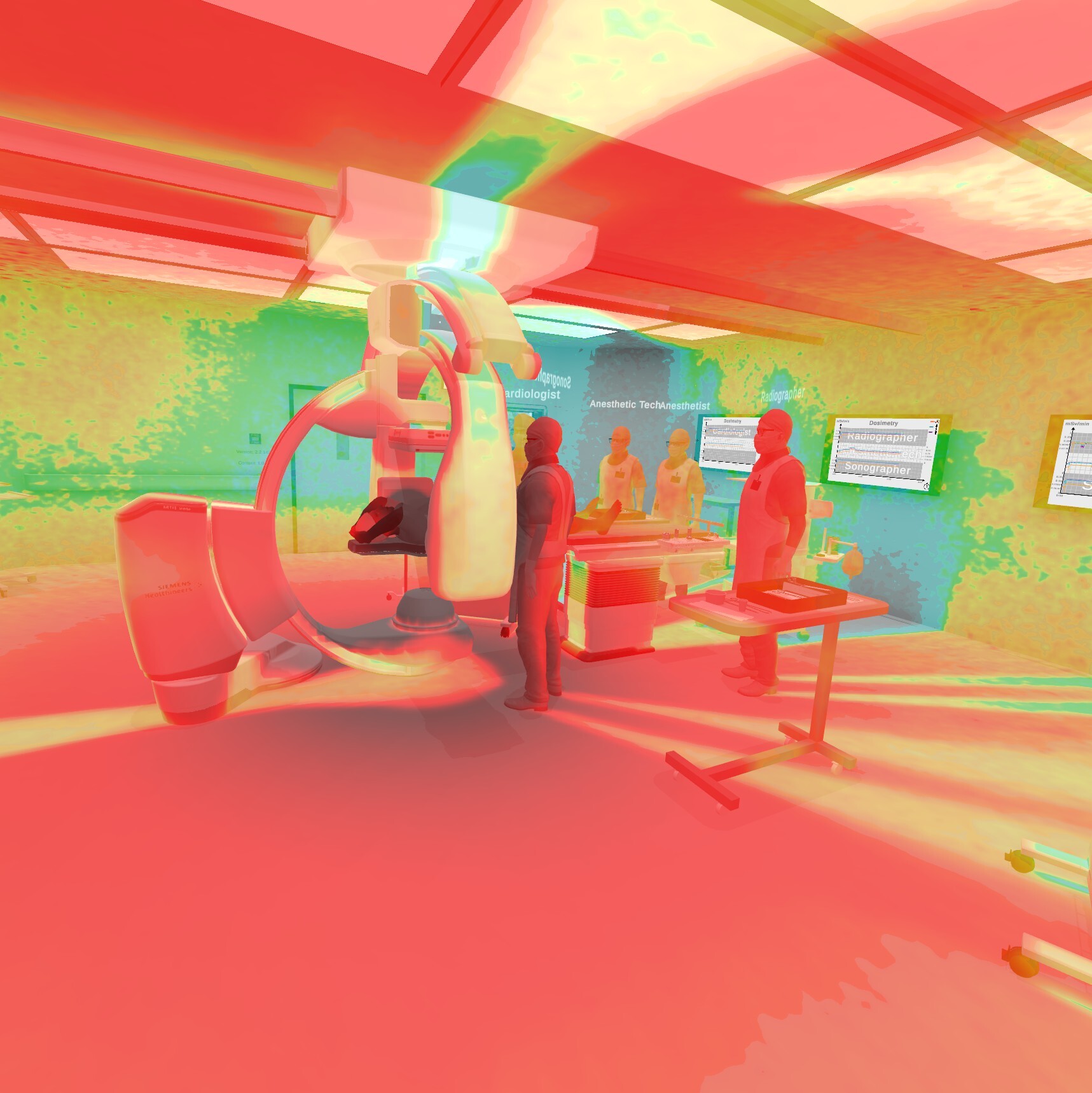 RadSafe VR interventional radiology simulation showing C-arm equipment and radiation safety training environment
