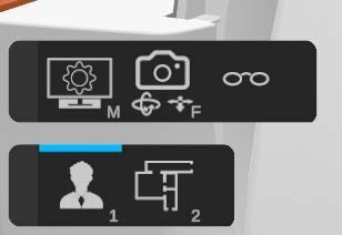 Desktop buttons: settings (M), camera (F), glasses, first-person view (1) and bird's-eye view (2)