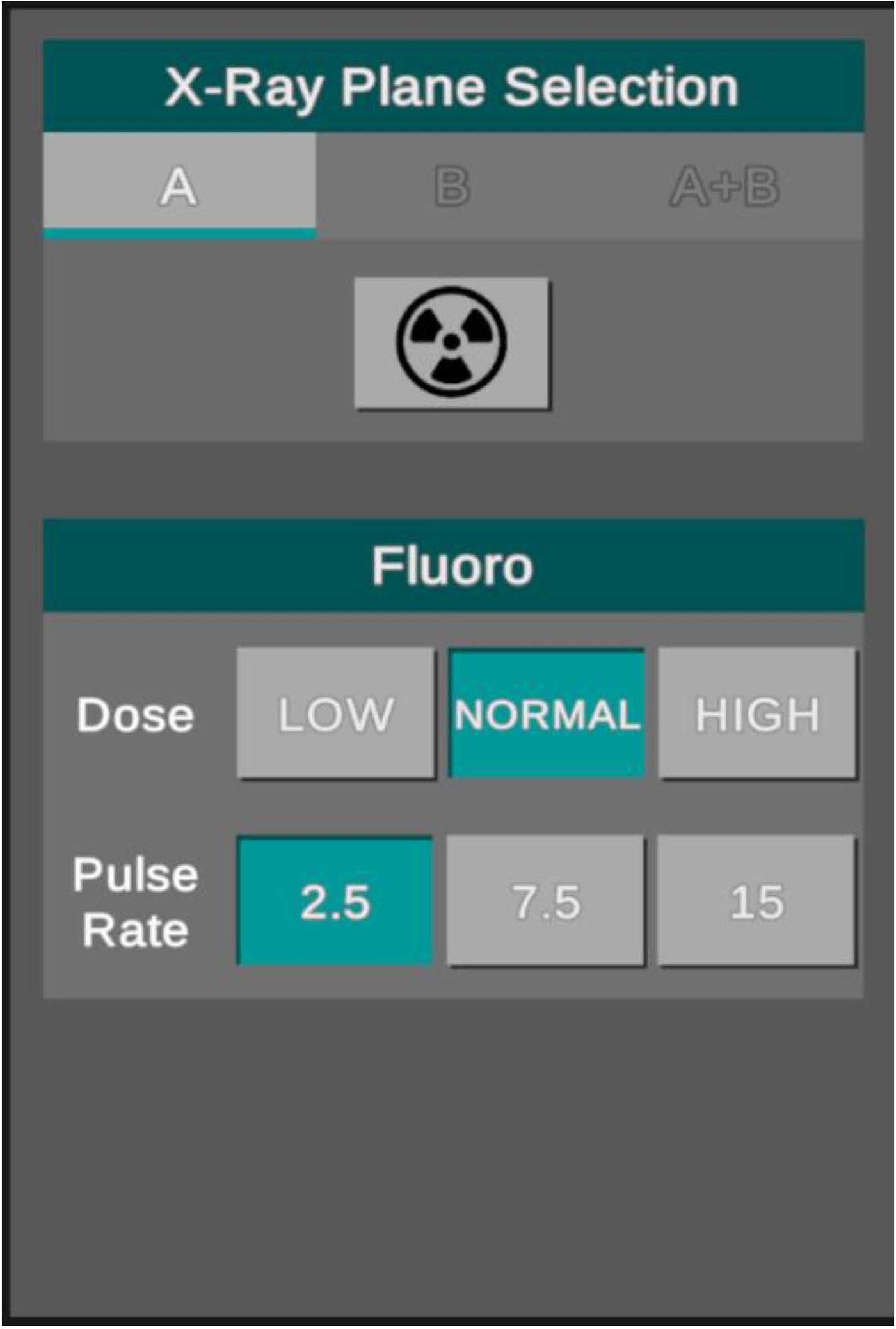 X-Ray Plane Selection and Fluoro sections of the Machine Control Panel