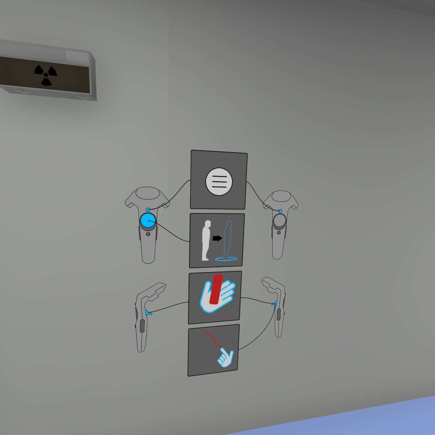 Poster on the theatre wall showing which controller buttons open the menu, teleport, grab and point
