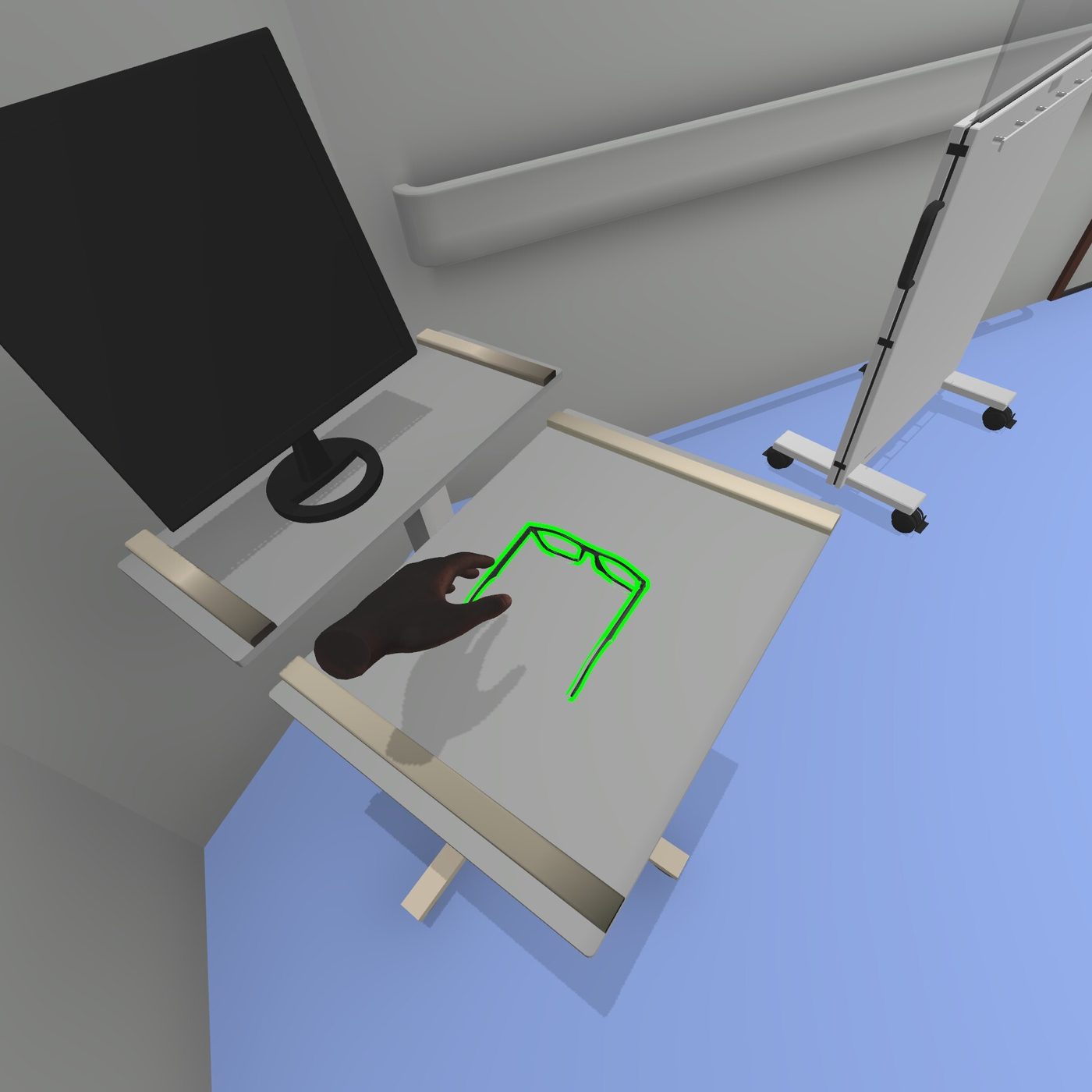 VR hand reaching for the lead glasses, highlighted green